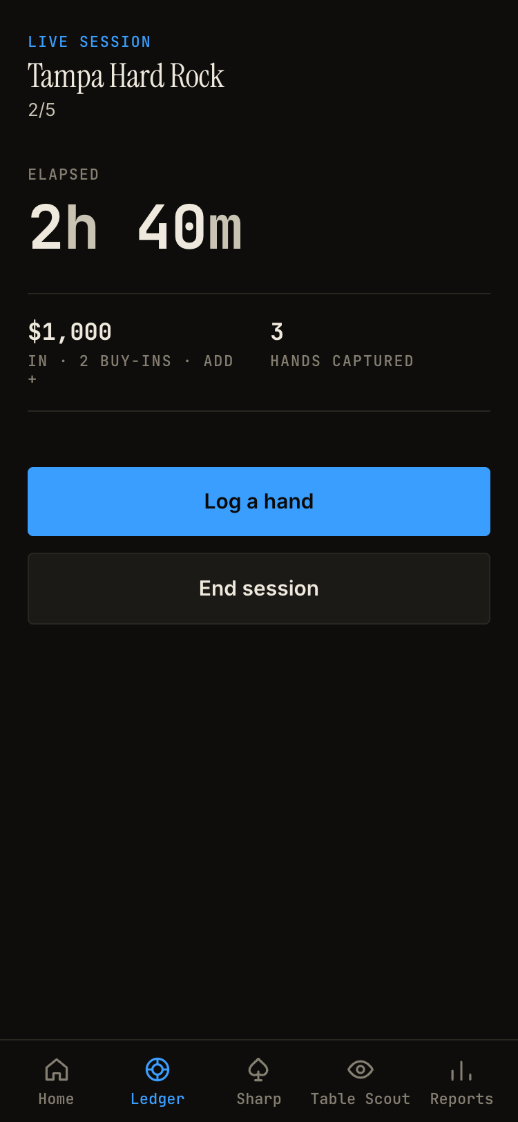 Ledger live session: Tampa Hard Rock 2/5, two hours forty elapsed, two buy-ins, three hands captured.